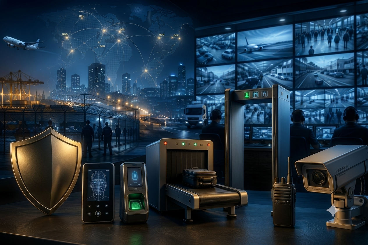 Security screening equipment on a dark console with a world map, CCTV wall and airport apron behind